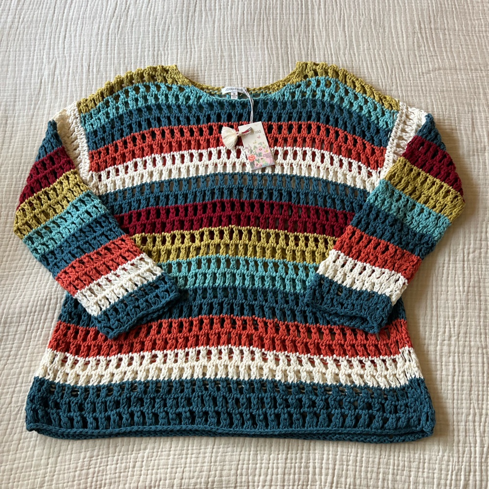 Johnny Was Multicolor Open-Knit Striped Sweater